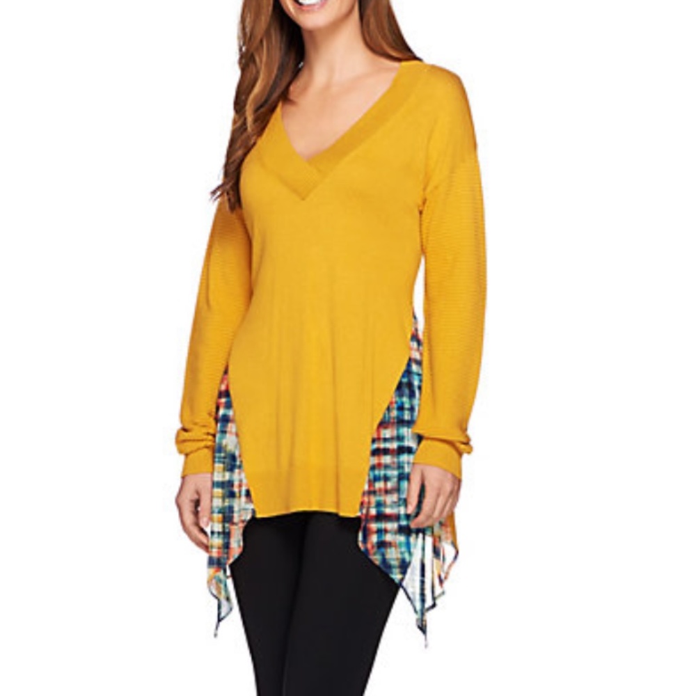 LOGO by Lori Goldstein V-Neck Sweater with Printed Chiffon Godets